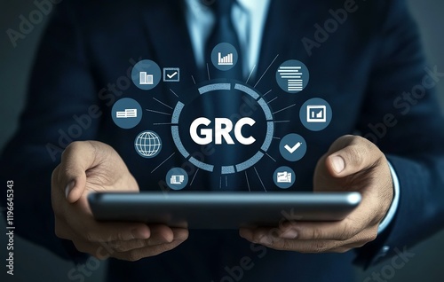 GRC Concept. Governance Risk and Compliance Businessman with GRC governance risk compliance icons organizational management and regulatory practices. photo