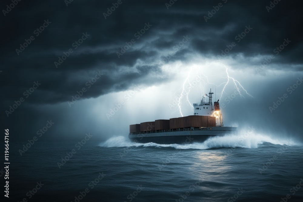 Stormy sea voyage container ship navigates rough waters amidst lightning ocean maritime dramatic environment dynamic perspective Stormy sea voyage container ship navigates rough waters amidst lightning ocean maritime dramatic environment dynamic perspective