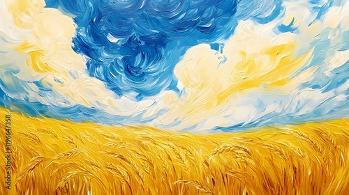 A serene wheat field under a turbulent sky painted in bold yellows, blues, and whites, capturing the dynamic energy and peaceful solitude of nature in Van Gogh-inspired artistry