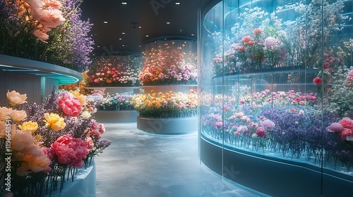 Futuristic flower shop offering anniversarythemed bouquets of roses lavender with digital petals interacting with real blossoms creating a dreamy ambiance on floating glass displays