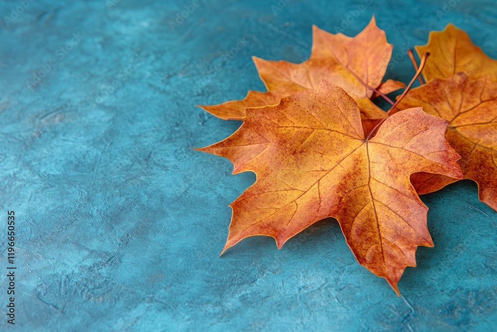 Two orange autumn maple leaves on teal background.