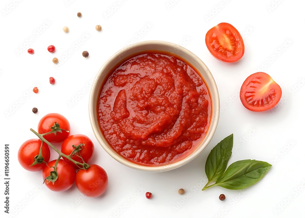 Top view of a bowl with tomato paste isolated on white background Top view of a bowl with tomato paste isolated on white background