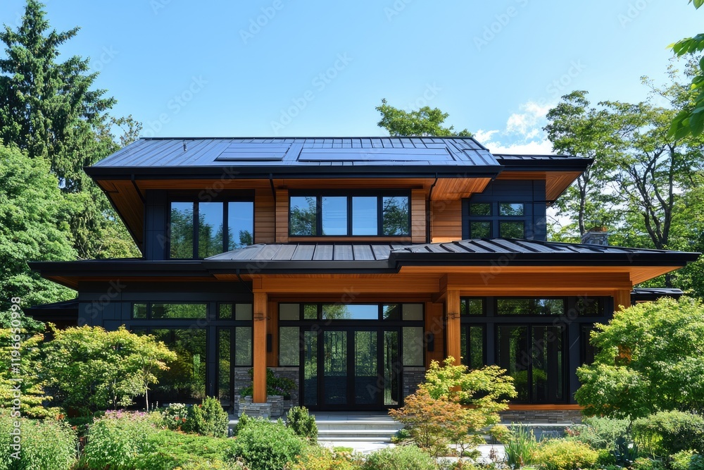 Modern sustainable house with solar panels showing environmental awareness Modern sustainable house with solar panels showing environmental awareness
