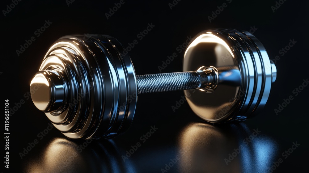 A 3D-rendered futuristic dumbbell with silver reflective surfaces, glowing edges, set against a black background with subtle shadows A 3D-rendered futuristic dumbbell with silver reflective surfaces, glowing edges, set against a black background with subtle shadows