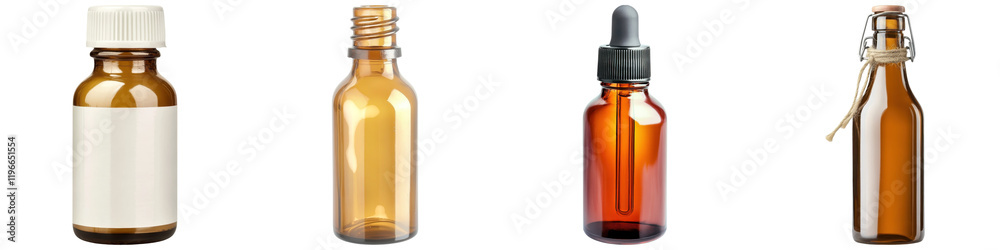 Four distinct glass bottles in various shapes and sizes on a black background. Four distinct glass bottles in various shapes and sizes on a black background.