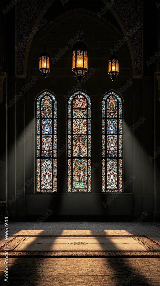 Obraz premium Sunlight streams through intricate stained glass windows in a tranquil mosque interior, illuminating an elegant prayer mat and casting soft rays on the floor for a peaceful atmosphere