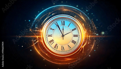 Dramatic clock face engulfed in vibrant energy trails.  Perfect for concepts of time, deadlines, urgency, or futuristic themes. Ideal for websites, presentations, and marketing materials.