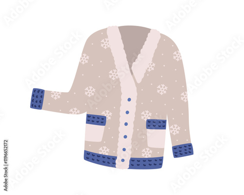 Warm knitted cardigan with snowflake pattern. Woolen winter clothing for cold weather. Comfortable seasonal wear, knitwear with buttons. Flat vector illustration isolated on white background