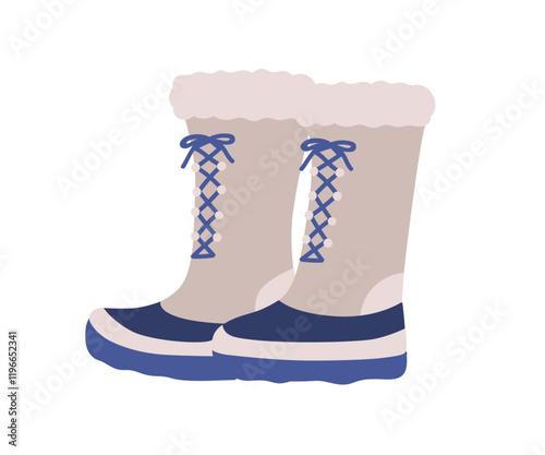 Warm winter boots pair. Comfortable seasonal snowproof shoes, footwear with fur trim and laces. Foot wear, footgear for cold weather and hiking. Flat vector illustration isolated on white background