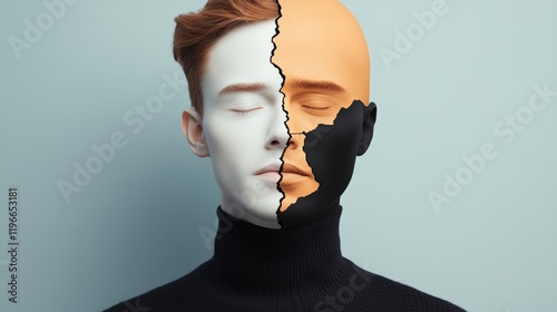 Man's face is split in half, with one half being white and the other half being black. The man is wearing a black sweater and he is in a contemplative or introspective mood photo