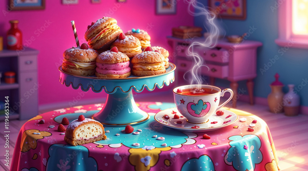 Fototapeta premium a cup of tea and a bowl of delicious cakes in a futuristic atmosphere . Generative AI