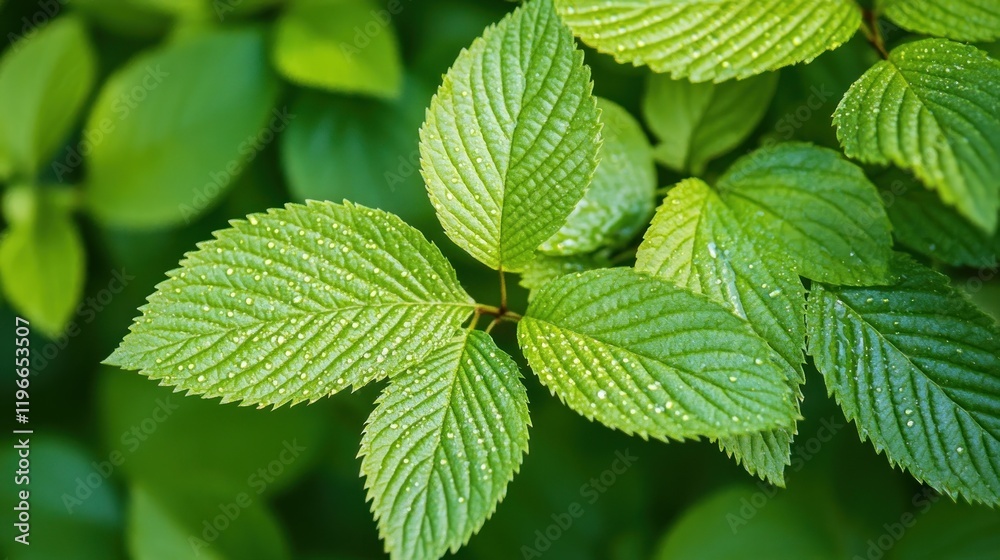 Close-up of vibrant green leaves with water droplets. Close-up of vibrant green leaves with water droplets.