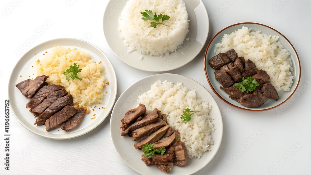 Plates with rice and beef isolated on white background top view Plates with rice and beef isolated on white background top view