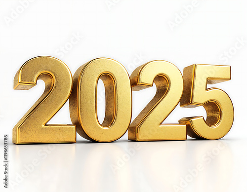 Golden 2025 digits, white background, celebration, calendar