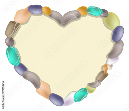 Piece of sea sand shore framed by border of colored pebbles in shape of heart. Decorative element for designing advertising tourism banners. Vector isolated on white background