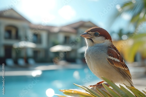 Small bird sitting on palm tree near swimming pool at tropical resort