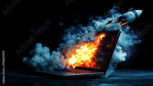 Rocket launching from burning laptop, signifying rapid growth or technological disruption.