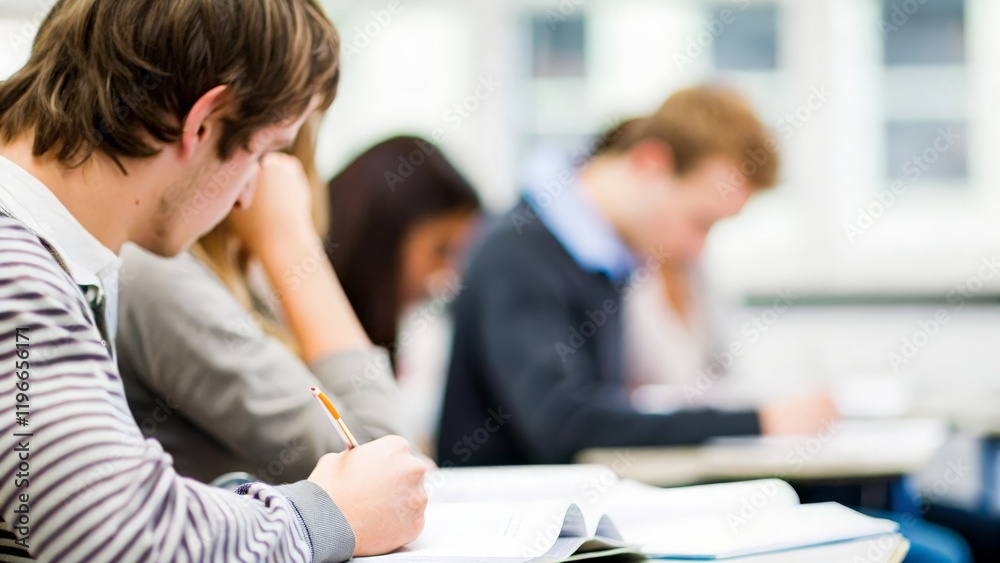 Fototapeta premium Student Preparing for Exam: Blurred classroom background with a student studying. 