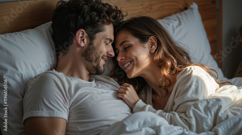 Valentine's day. Couple of lovers lying in bed, family, love, romance, passion. Beautiful man and woman, guy and girl, day off, sex life, date, relationship, time together
