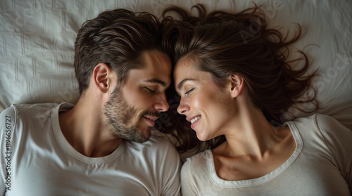 Valentine's day. Couple of lovers lying in bed, family, love, romance, passion. Beautiful man and woman, guy and girl, day off, sex life, date, relationship, time together