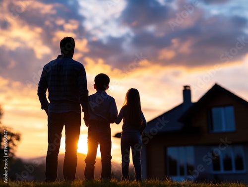 Family Silhouette at Sunset, Watching their New Home