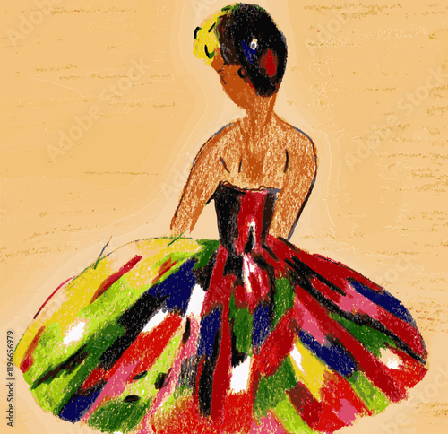 Dancer Woman in colorful dance dress - Pencil - Hand-drawn