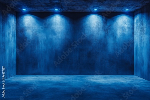 Dark blue concrete room with spotlights.