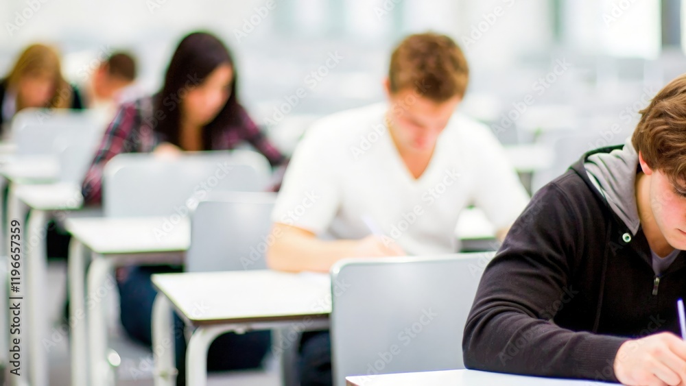 Concentration in Exam Hall: Student concentrating on an exam with a blurred background of the hall.
Concentration in Exam Hall: Student concentrating on an exam with a blurred background of the hall.