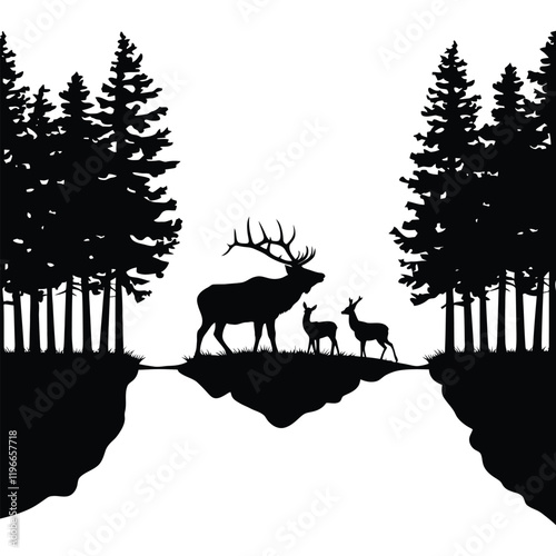 Deer's family silhouettes, Vector illustration panoramic landscape of forest with deer's family silhouettes on mountain hills background.