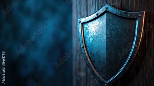 Ancient Metallic Shield on Wooden Background: A Symbol of Protection