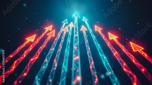Futuristic Arrows of Progress, Digitally illustrated glowing arrows in red and blue light form a diagonal line against a dark background. This image evokes feelings of upward movement.