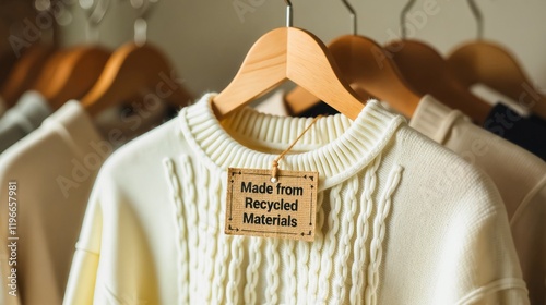 Sustainable Style Recycled White Sweater, A pristine white sweater hangs on a rustic wooden hanger, showcasing a tag that proudly proclaims 