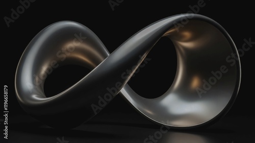 Silver Loop Sculpture - Metallic Abstract Art, A gleaming silver sculpture with a looping, curved form set against a black background.
