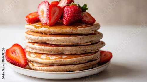 Stack of fluffy pancakes topped with fresh strawberries and syru photo