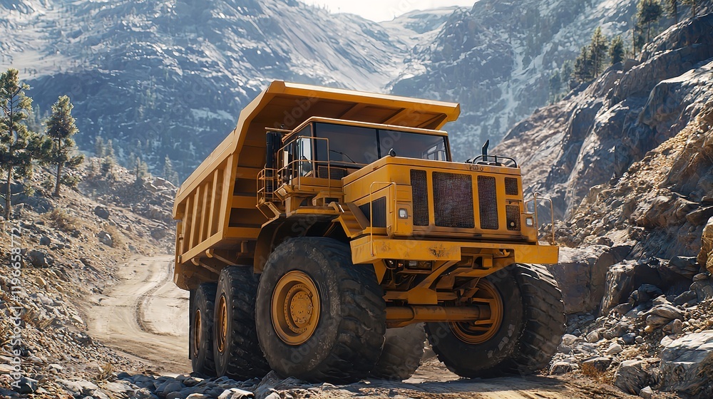 Yellow Dump Truck in a Mountainous Quarry Yellow Dump Truck in a Mountainous Quarry