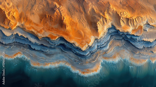 Masterful photography of intricate desert sand patterns with wind-cut ripples, morning light casting golden shadows on textured sand, and a gradient from caramel to cream. photo