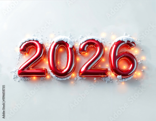Snowy 2026 Red Numbers, Glowing Lights, Winter Background