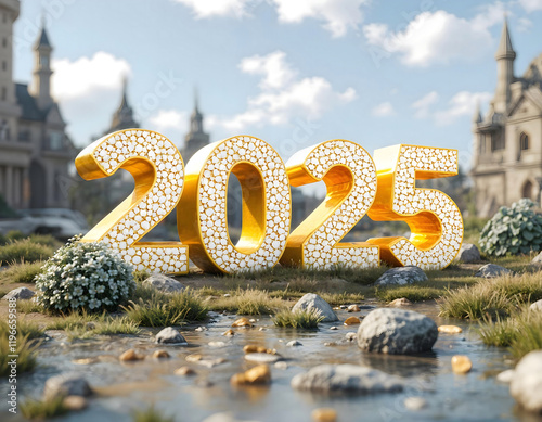 Sparkling 2025 New Year fantasy castle greeting