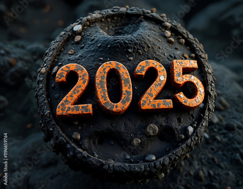 Volcanic 2025 New Year's arrival; dark background