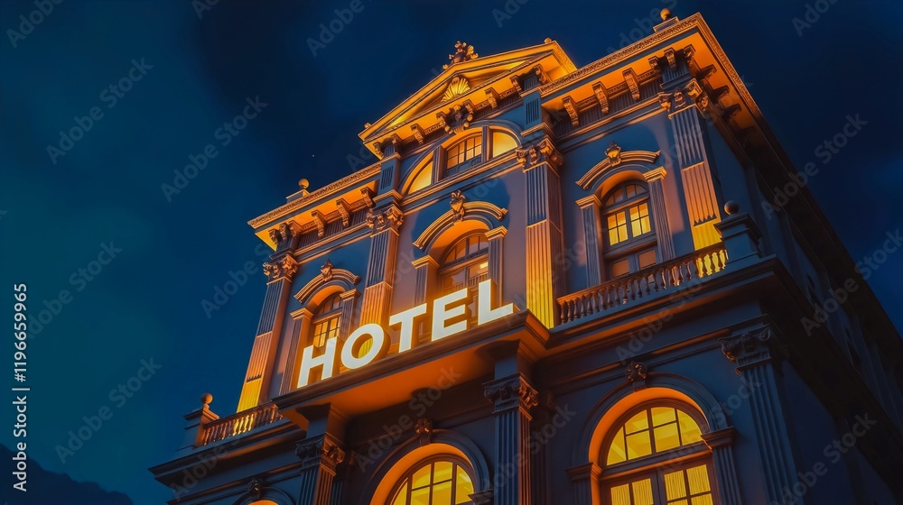 Obraz premium Grand Illuminated Hotel at Night, A majestic hotel building bathed in warm light against a serene night sky. The iconic 