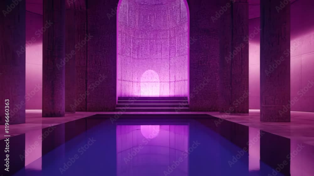 Modern architectural interior with water feature and purple lighting in a serene atmosphere