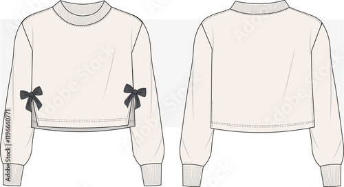 women's cropped sweatshirt with bow detail on the sides vector illustration drawing. Tie Side Jumper. Technical fashion illustration. Women's CAD mock-up.
