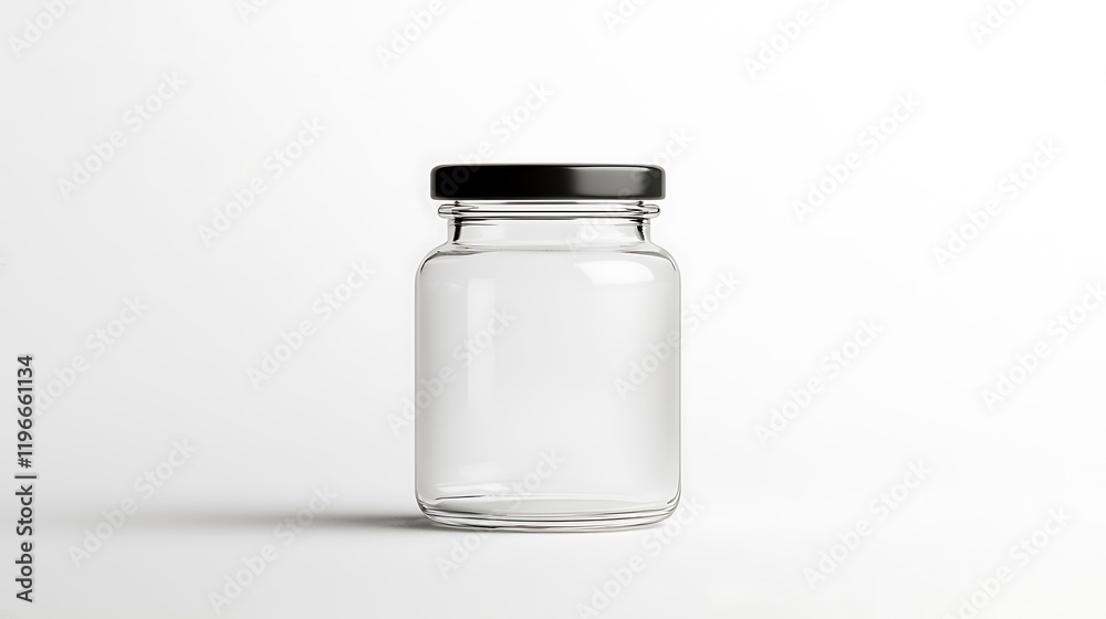 A clear glass jar with a black lid, appearing empty, set against a minimalistic white background. A clear glass jar with a black lid, appearing empty, set against a minimalistic white background.