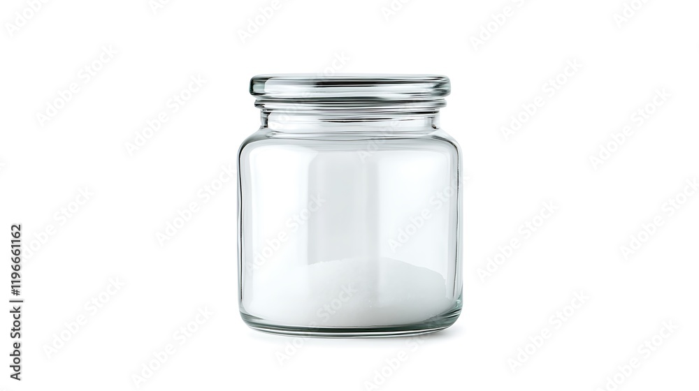 A transparent glass jar filled with white substance, showcasing a simple and clean design, perfect for storage or decoration. A transparent glass jar filled with white substance, showcasing a simple and clean design, perfect for storage or decoration.