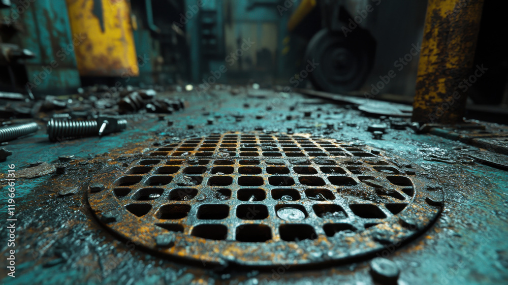 Metal grids on the factory floor ripple softly, their edges slightly warping, while discarded bolts, screws, and tools are scattered haphazardly around them, creating a scene of industrial disarray. Metal grids on the factory floor ripple softly, their edges slightly warping, while discarded bolts, screws, and tools are scattered haphazardly around them, creating a scene of industrial disarray.