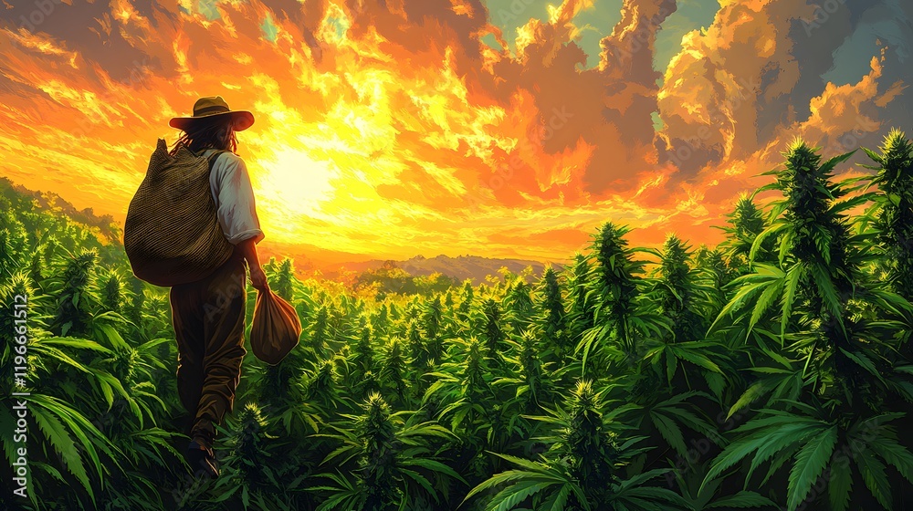 Fototapeta premium A farmer carries a sack and is picking marijuana, with a beautiful view of the clear sky