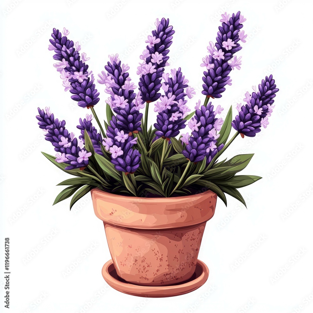 Naklejka premium Stunning Lavender in Terracotta Pot: A Calming Floral Illustration