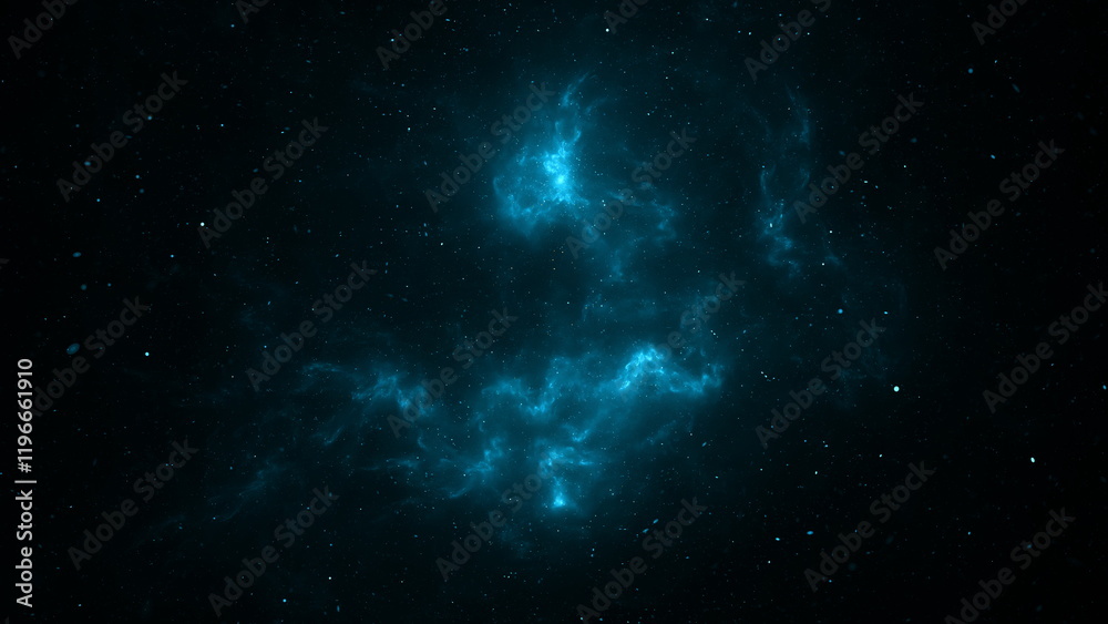 Fototapeta premium Bright blue nebula illuminates the vast expanse of space, surrounded by a backdrop of countless stars. This celestial phenomenon captures imagination of star gazers and astronomers alike. 3d render