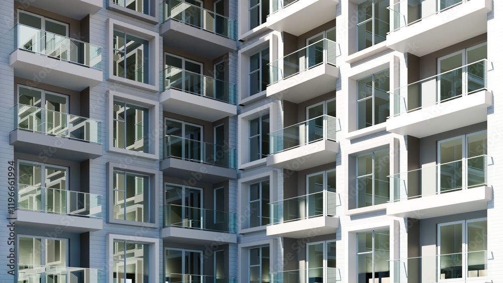 Contemporary apartment building features multiple floors with glass balconies and modern design elements. structure stands prominently in an urban area, showcasing its architectural appeal. 3d render Contemporary apartment building features multiple floors with glass balconies and modern design elements. structure stands prominently in an urban area, showcasing its architectural appeal. 3d render