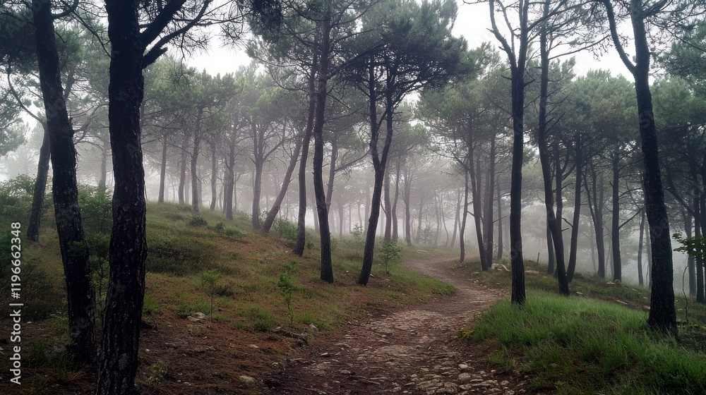 Naklejka premium Misty Pine Forest Path: A Serene Woodland Trail